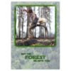 Tree planter jumps in the air with shovel and sapling reading for planting action