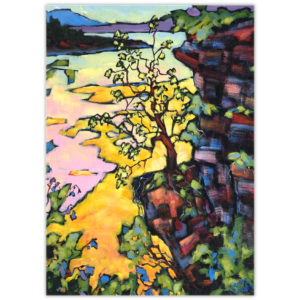 A colourful acrylic painting of a tree handing on by its roots to an outcropping of rock on the edge of a cliff over the Peace River valley in northern British Columbia