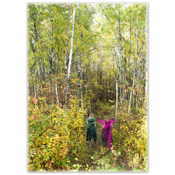 A Boreal Forest Nymph (tree spirit) and a butterfly walk and talk along a path in an aspen grove in the rich colours of autumn