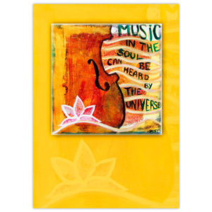 acrylic painting of the bottom corner of a violin adorned with a lotus flower motif and the words flowing out to the side "Music in the soul can be heard by the universe"