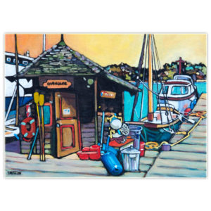 Colourful acrylic painting of an oar house and dock on the west coast