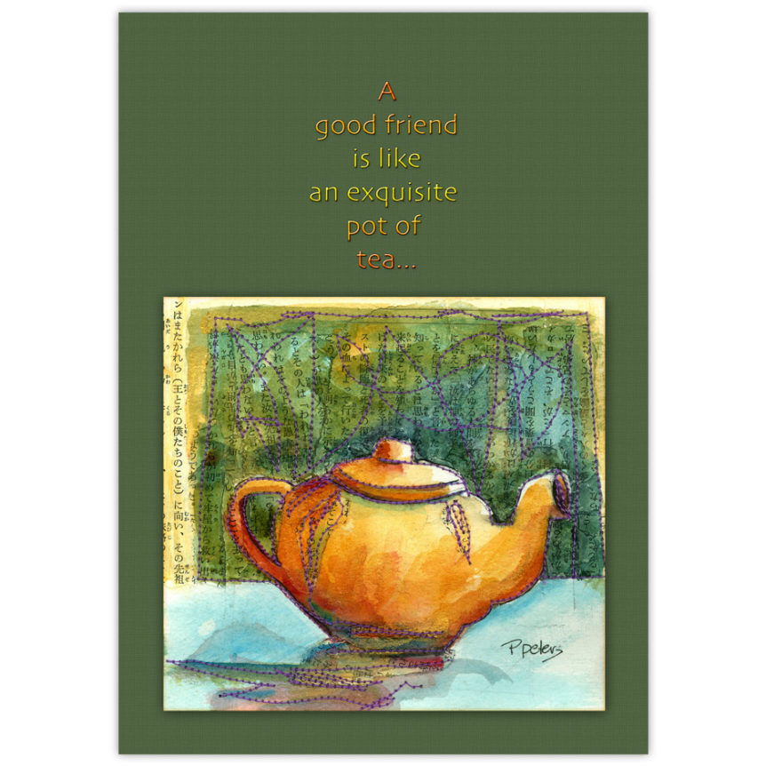 an artist's multi-media interpretation of a brown betty tea pot, created on water colour paper and stitched with purple thread