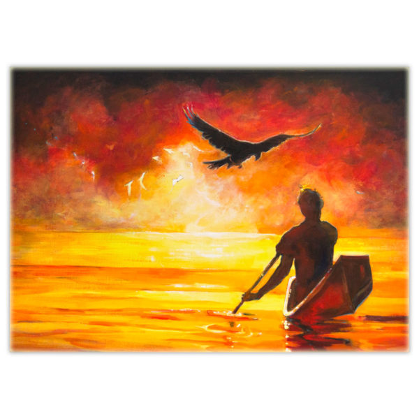 Acrylic painting of a guardian raven flying over a man in a canoe heading off into the sunset