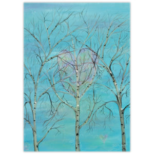 Acrylic painting of whispy whispering trees with a subtle heart motif hiding in the branches