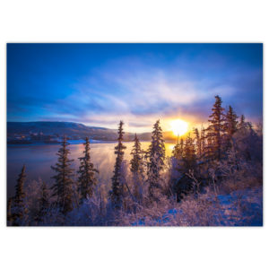 brilliant blue, pink and yellow sunrise over the Peace River on a very cold winter day with frosty evergreen trees in the foreground and steam rising off the river