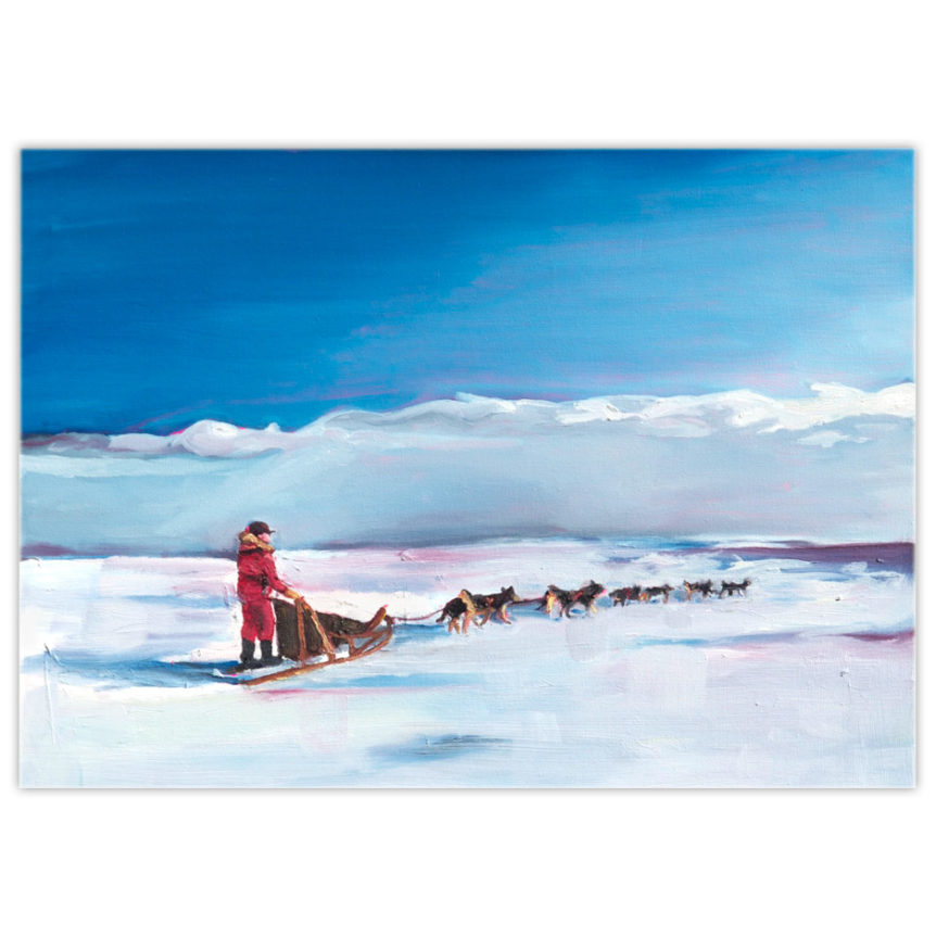 acrylic painting of a man and his sled dog team travelling across the ice and snow