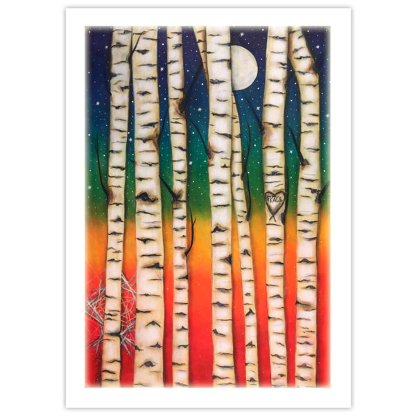 tree trunks contrasted against a rainbow background with the moon peeking through. The word, "Peace" is carved into one of the tree trunks.