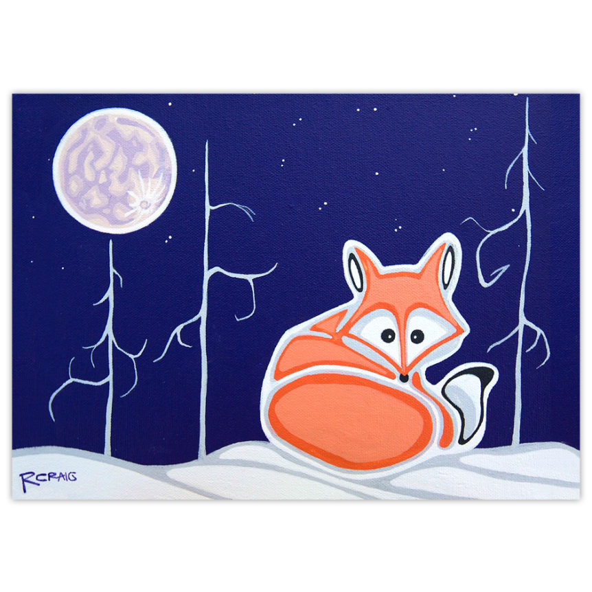 little fox curled up on the snow with the moon shining above
