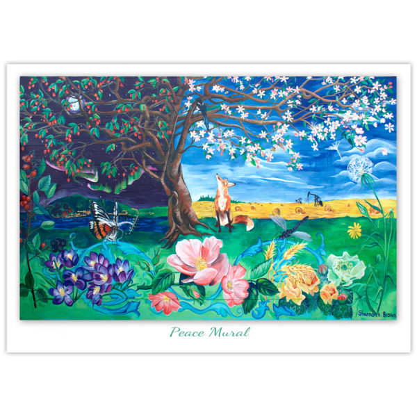 fox looks up at a magpie in a crabapple tree with Peace country scenes in the background