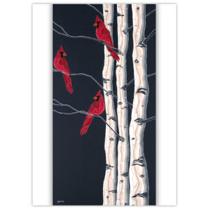 three red cardinal birds in three trees
