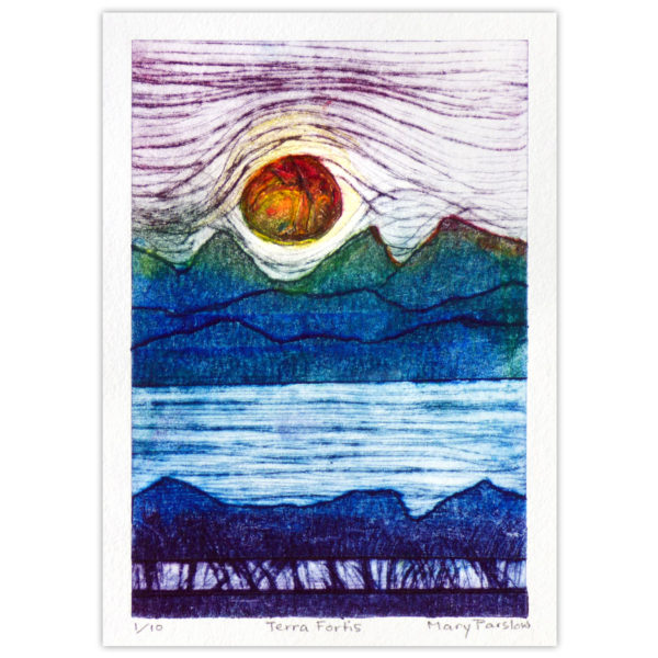 Dry point with collograph art print of the Canadian Rockies, water, trees, sunset