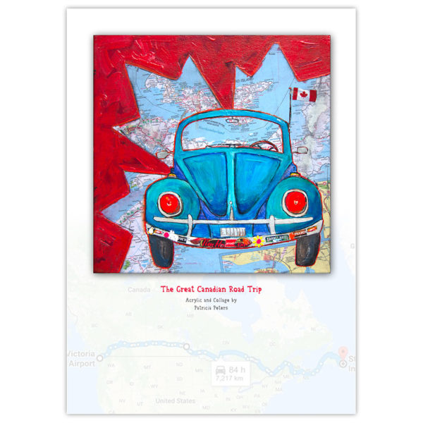 Blue Volkswagen Beetle painting with Canadian maple leaf and map in the background