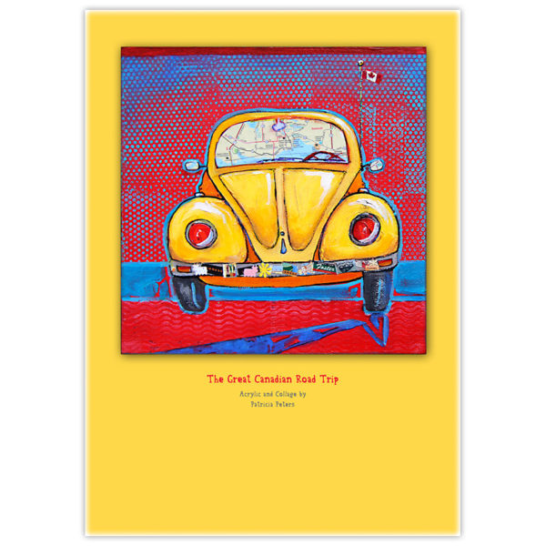 Yellow Volkswagen Beetle painting with Canadian road map in the windshield