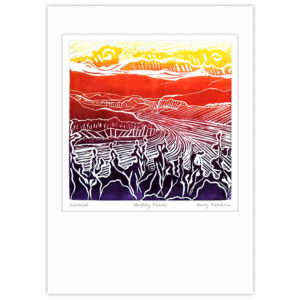 Linocut print of the Peace River with rainbow inking by Mary Parslow