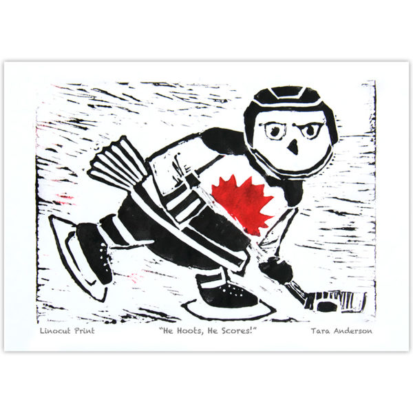 owl dressed in hockey gear with Canadian maple leaf on jersey
