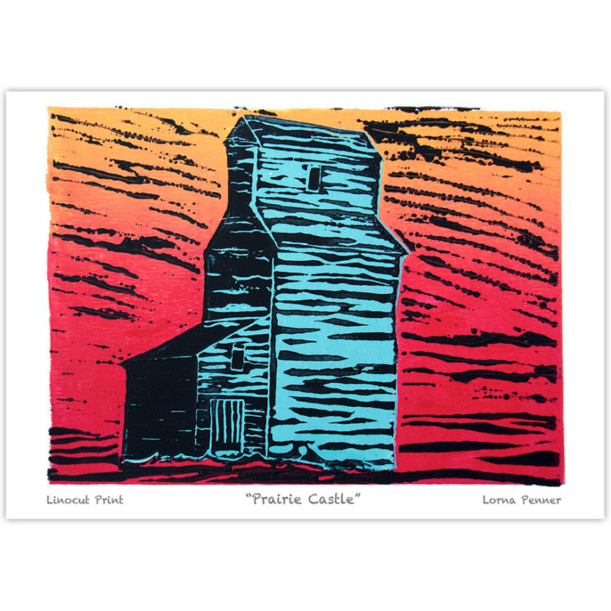grain elevator on the prairies with gold and red sunset in the background