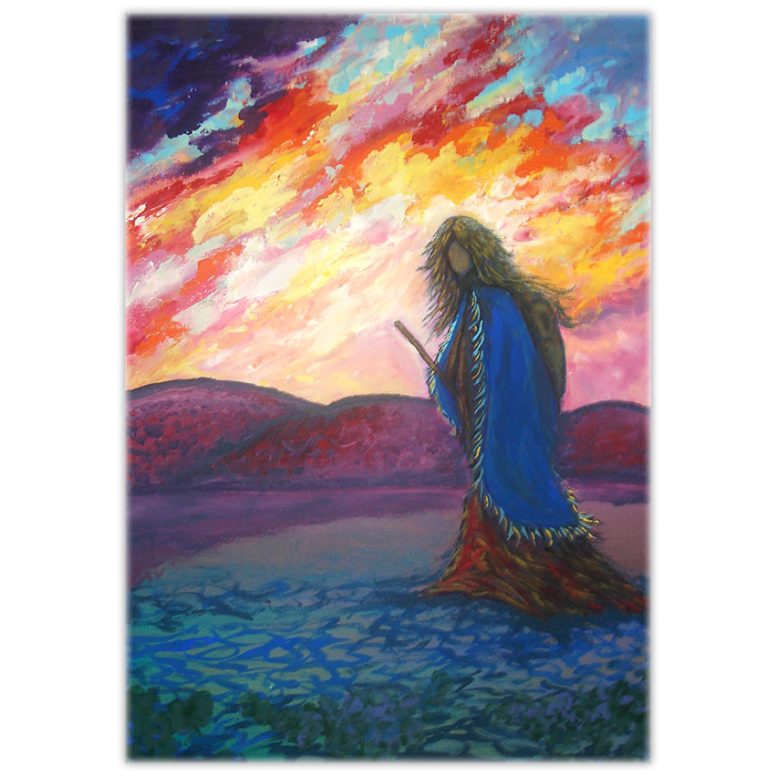 painting of a woman walking with a walking stick at sunset