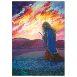 painting of a woman walking at sunset