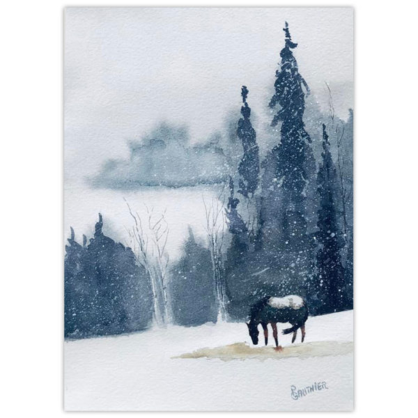watercolour painting of a horse in a winter storm