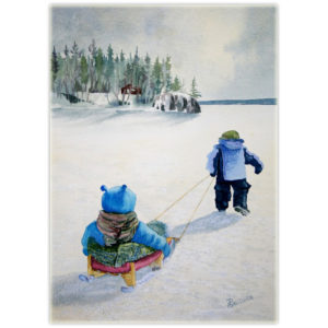 watercolour painting of a child pulling another child on a sled