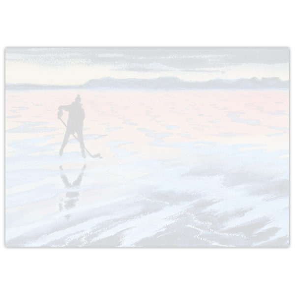 watercolour painting of a long hockey player on a frozen lake at sunset