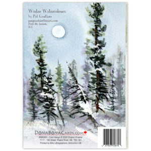 watercolour winter scene with evergreen trees casting shadows on the snow